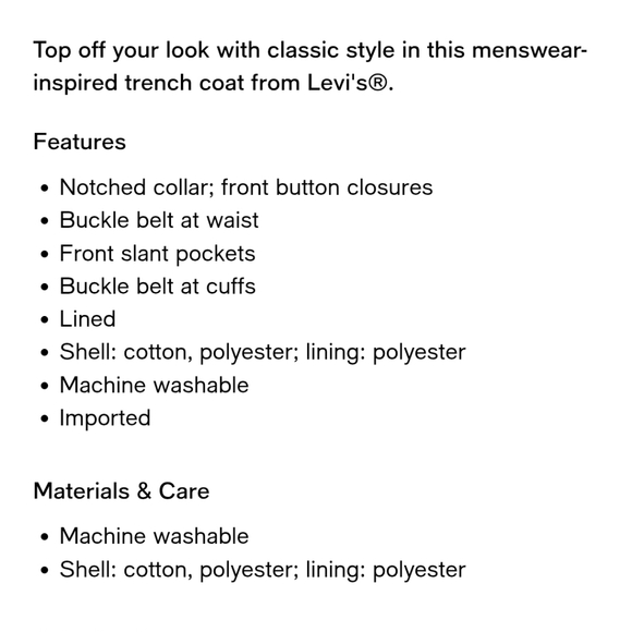 LEVI'S BELTED LONG TRENCH COAT WOMENS XS NWT - Picture 6 of 15